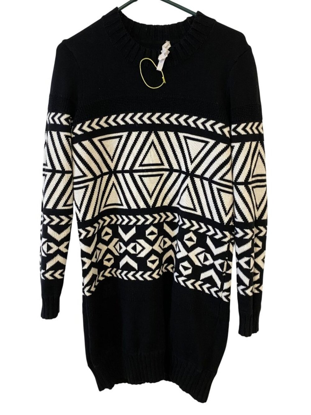BCBGeneration XS / S Black White Geometric Sweater Dress Boho Cotton Knit FLAW